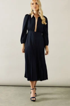 Petite Contrast Collar Pleated Shirt Midi Dress