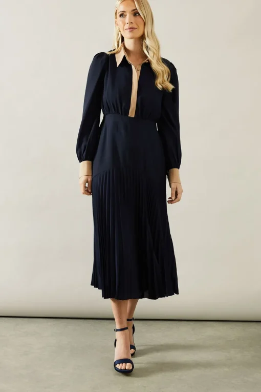 Petite Contrast Collar Pleated Shirt Midi Dress