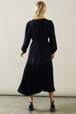 Petite Contrast Collar Pleated Shirt Midi Dress