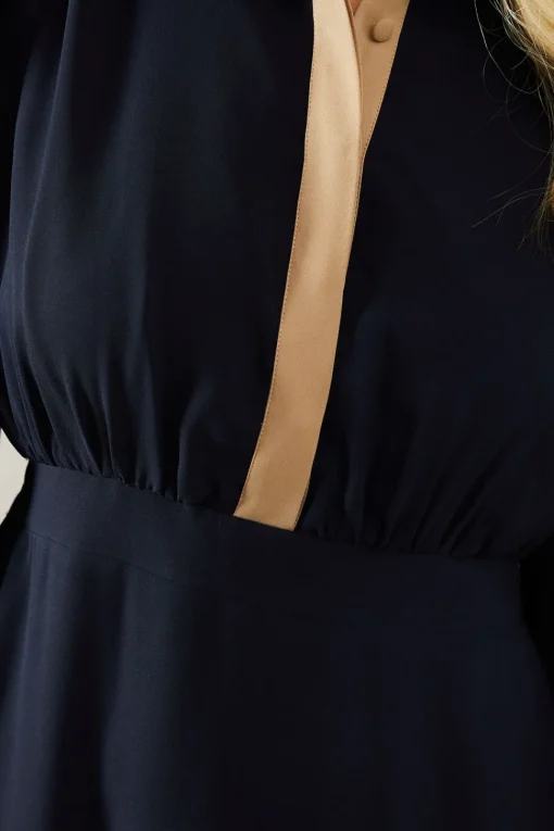 Petite Contrast Collar Pleated Shirt Midi Dress