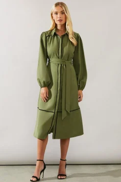 Petite Contrast Piping Tie Waist Shirt Dress