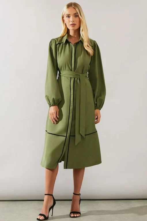 Petite Contrast Piping Tie Waist Shirt Dress