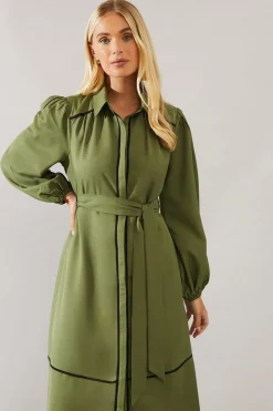 Petite Contrast Piping Tie Waist Shirt Dress