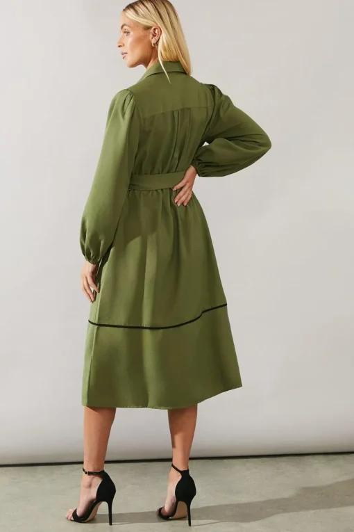 Petite Contrast Piping Tie Waist Shirt Dress