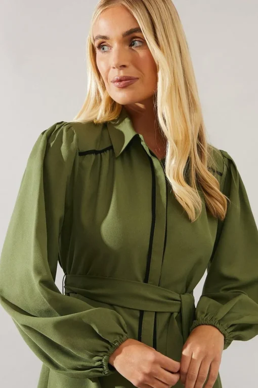 Petite Contrast Piping Tie Waist Shirt Dress