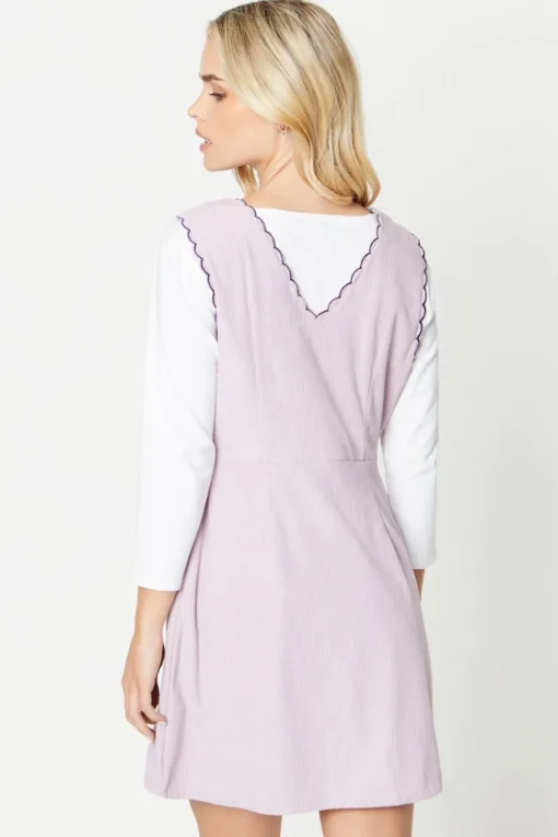 Petite Cord Scallop Edge Embroidered Pinafore Dress