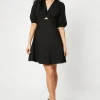 Petite Cotton Poplin Knot Front Puff Sleeve Mini Dress