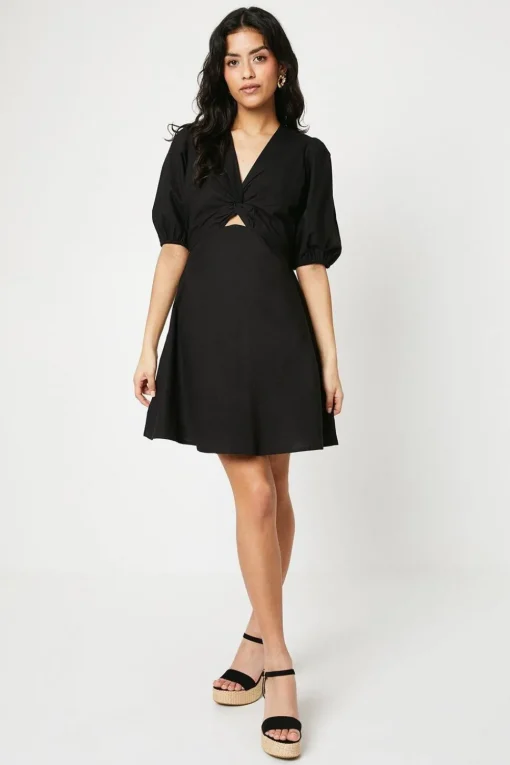 Petite Cotton Poplin Knot Front Puff Sleeve Mini Dress