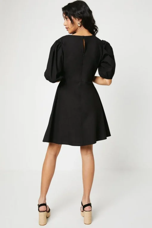 Petite Cotton Poplin Knot Front Puff Sleeve Mini Dress