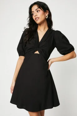 Petite Cotton Poplin Knot Front Puff Sleeve Mini Dress