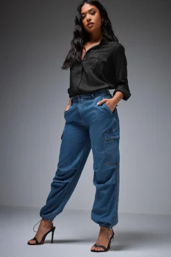 Petite Denim Parachute Trousers