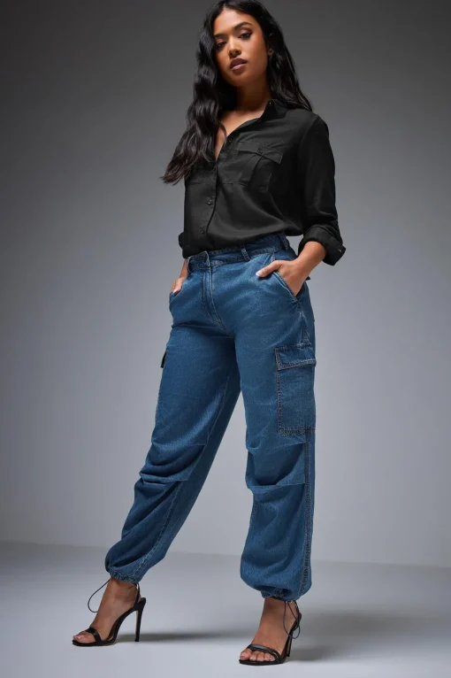 Petite Denim Parachute Trousers