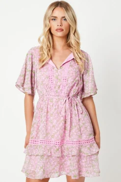 Petite Ditsy Dobby Chiffon Trim Insert Skater Dress