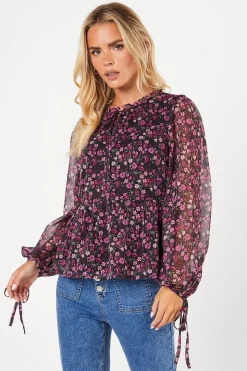 Petite Ditsy Tie Neck Chiffon Blouse