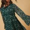 Petite Dobby Chiffon Flared Sleeve Tie Back Mini Dress