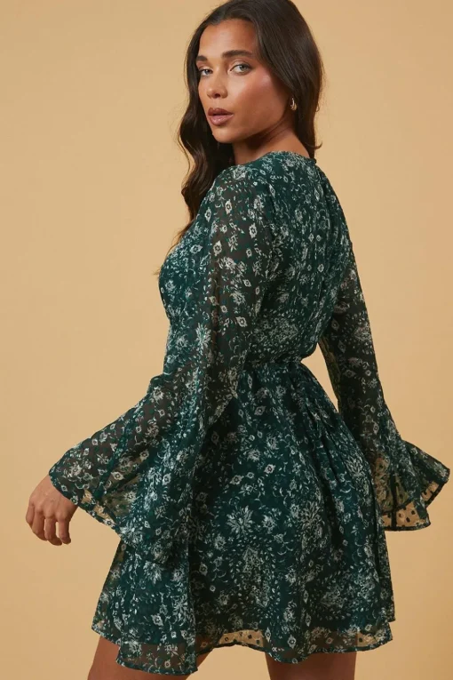 Petite Dobby Chiffon Flared Sleeve Tie Back Mini Dress