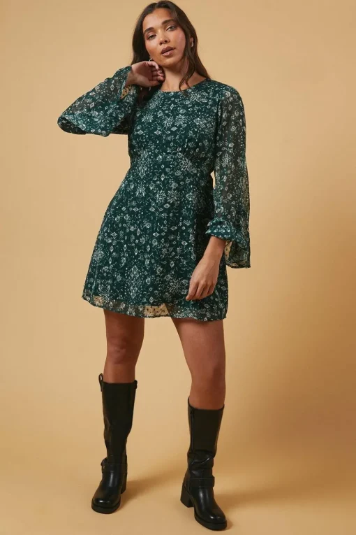 Petite Dobby Chiffon Flared Sleeve Tie Back Mini Dress