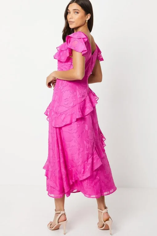 Petite Double Frill Satin Burnout Midaxi Dress