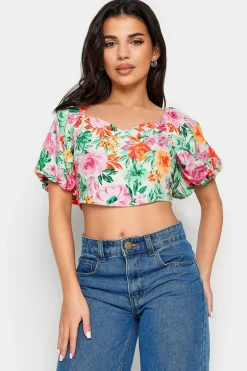 Petite Floral Print Puff Sleeve Crop Top
