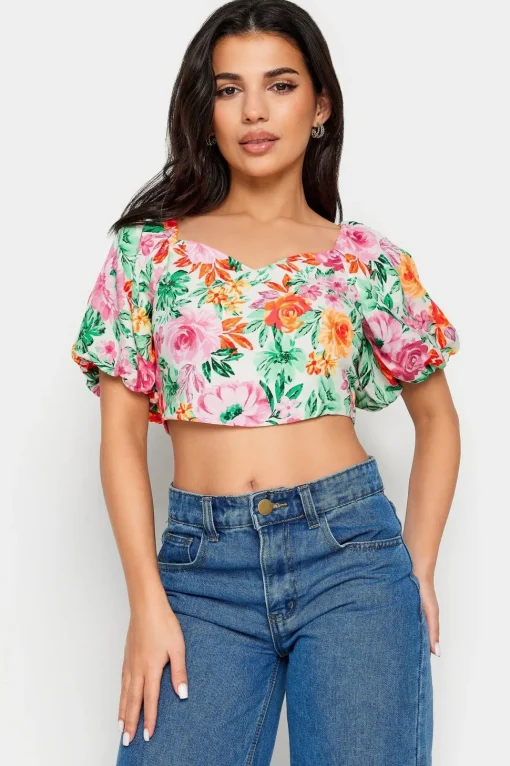 Petite Floral Print Puff Sleeve Crop Top