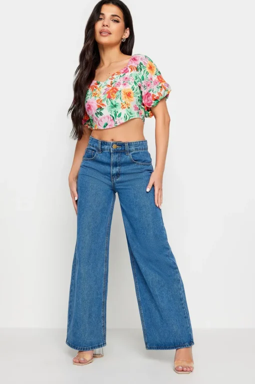 Petite Floral Print Puff Sleeve Crop Top