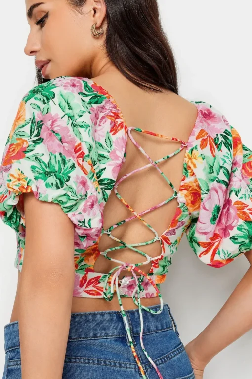 Petite Floral Print Puff Sleeve Crop Top