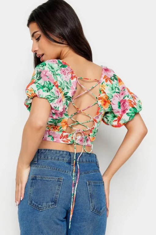 Petite Floral Print Puff Sleeve Crop Top