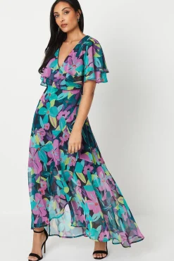 Petite Floral Print Ruffle Sleeve Wrap Maxi Dress