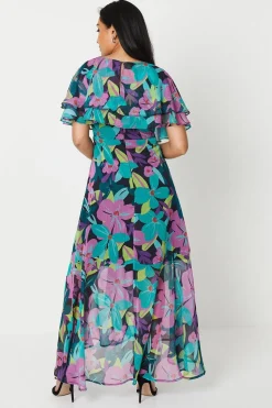 Petite Floral Print Ruffle Sleeve Wrap Maxi Dress