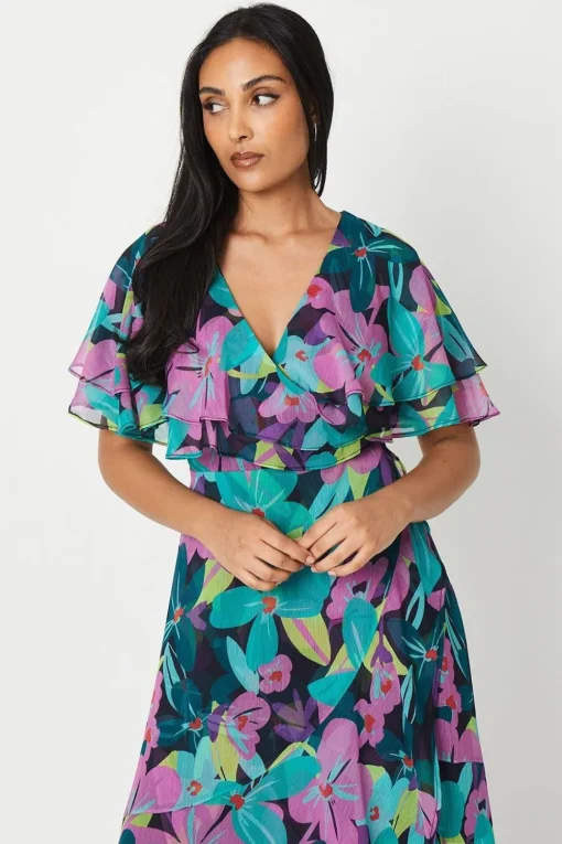 Petite Floral Print Ruffle Sleeve Wrap Maxi Dress
