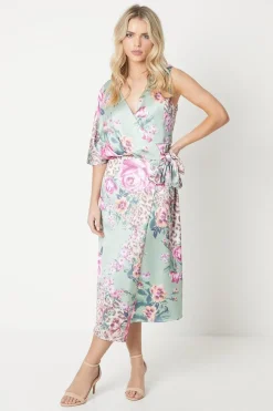 Petite Floral Print Satin Wrap Midi Dress
