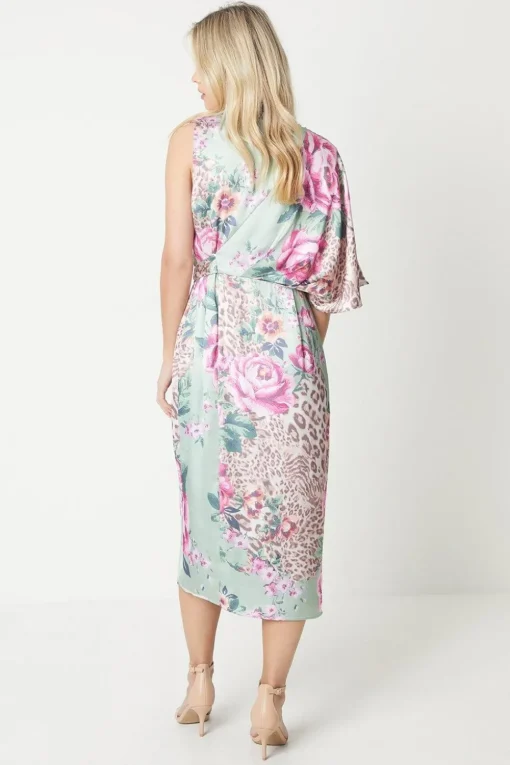 Petite Floral Print Satin Wrap Midi Dress