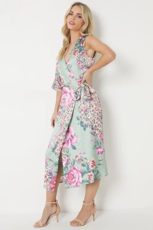 Petite Floral Print Satin Wrap Midi Dress