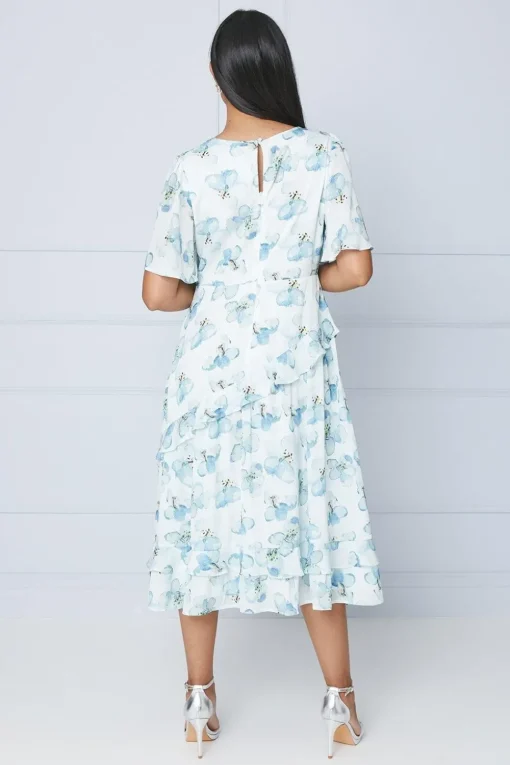 Petite Floral Satin Ruffle Midi Dress
