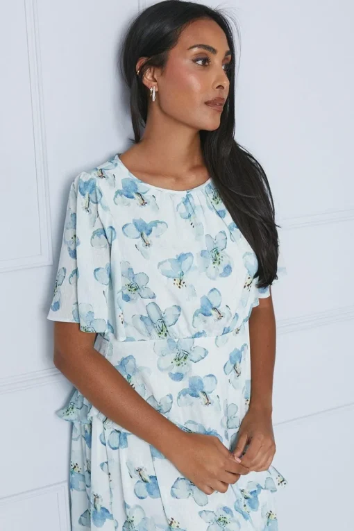 Petite Floral Satin Ruffle Midi Dress