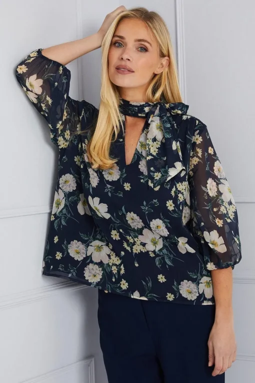 Petite Floral Tie Neck Blouse