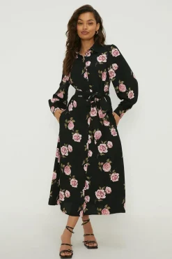 Petite Floral Tie Waist Midi Shirt Dress