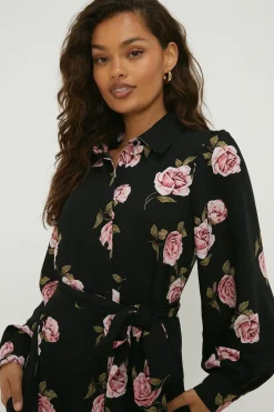 Petite Floral Tie Waist Midi Shirt Dress