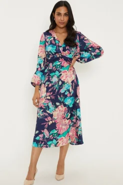 Petite Floral Twist Balloon Sleeve Midi Dress