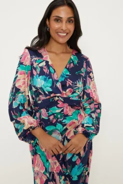 Petite Floral Twist Balloon Sleeve Midi Dress