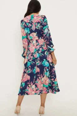Petite Floral Twist Balloon Sleeve Midi Dress