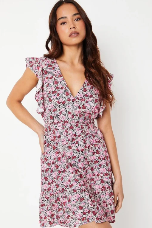 Petite Frill Sleeve Tie Waist Mini Dress