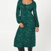 Petite Green Animal Tie Front Long Sleeve Midi Dress