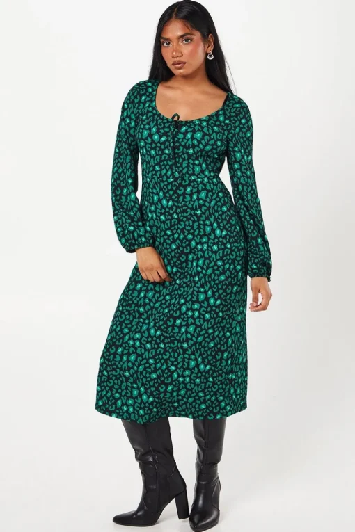 Petite Green Animal Tie Front Long Sleeve Midi Dress