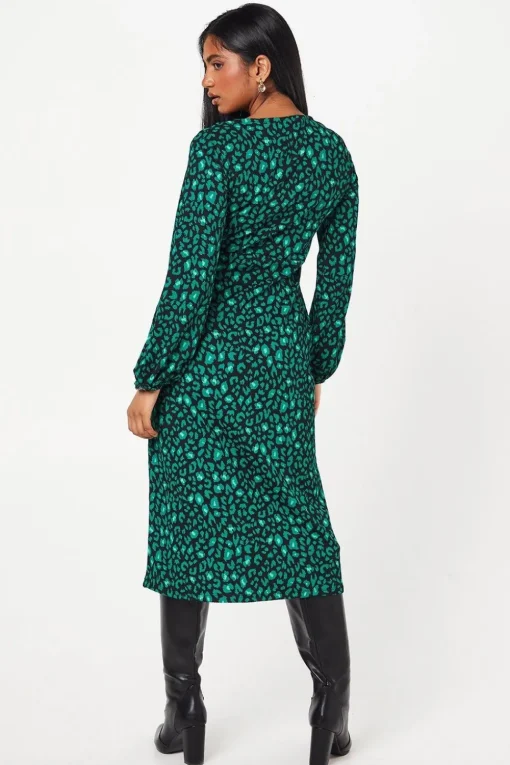 Petite Green Animal Tie Front Long Sleeve Midi Dress