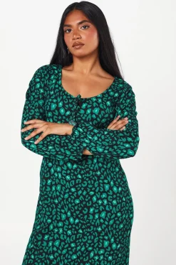 Petite Green Animal Tie Front Long Sleeve Midi Dress