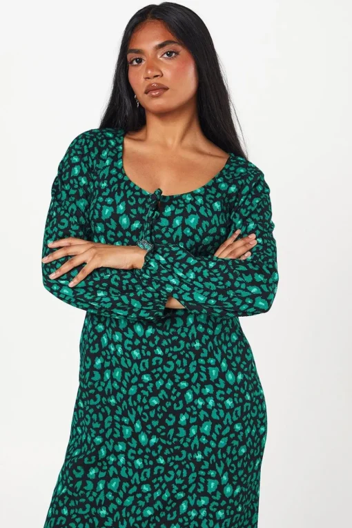 Petite Green Animal Tie Front Long Sleeve Midi Dress