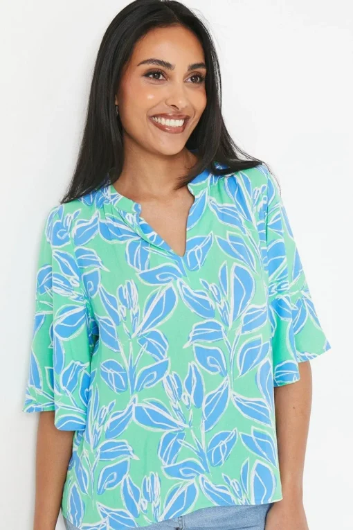 Petite Green Floral Flute Sleeve Blouse