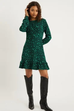 Petite Green Leopard Frill Hem Mini Dress