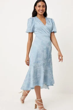 Petite Jacquard Floral Puff Sleeve Wrap Midi Dress